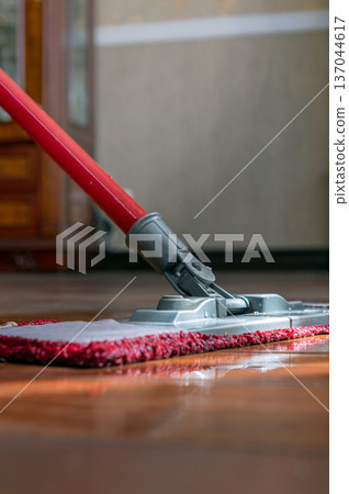 Mop washing a wooden floor in an apartment. Concept of care for the cleanliness of the apartment. Mop washing a wooden floor in an apartment. Concept of care for the cleanliness of the apartment. 137044617