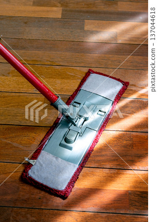 Mop washing a wooden floor in an apartment. Concept of care for the cleanliness of the apartment. Mop washing a wooden floor in an apartment. Concept of care for the cleanliness of the apartment. 137044618