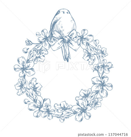 An apple blossom wreath with a bow and a bird. Hand-drawn ink graphic line art illustration. A round frame and text template in pastel colors for wedding and event decor and design. An apple blossom wreath with a bow and a bird. Hand-drawn ink graphic line art illustration. A round frame and text template in pastel colors for wedding and event decor and design. 137044716