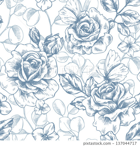 Beautiful roses with eucalyptus leaves and branches. Hand-drawn ink graphic line art illustration. Seamless floral pattern in pastel colors for wedding and holiday decor and design. Beautiful roses with eucalyptus leaves and branches. Hand-drawn ink graphic line art illustration. Seamless floral pattern in pastel colors for wedding and holiday decor and design. 137044717