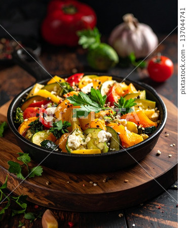 baked pumpkin with couscous, tomatoes and parsley 137044741