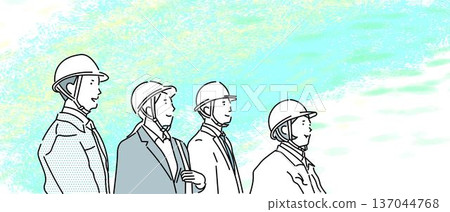 身穿工作服、頭戴頭盔的商務人士——團隊——懷抱美好未來的男女——簡潔的線條畫插圖 137044768