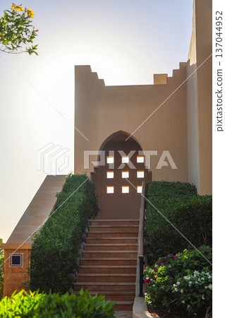 A staircase in an Arab house with dense bushes and flowers A staircase in an Arab house with dense bushes and flowers 137044952
