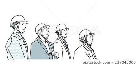 Business people wearing helmets and work clothes - Team - Men and women dreaming of a bright future - Simple line drawing illustration 137045006