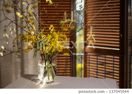 Mimosa branches in a clear glass vase on a table by sunlit wooden shutters, bright yellow blooms creating a cheerful easter or spring still life for a cozy interior Mimosa branches in a clear glass vase on a table by sunlit wooden shutters, bright yellow blooms creating a cheerful easter or spring still life for a cozy interior 137045044