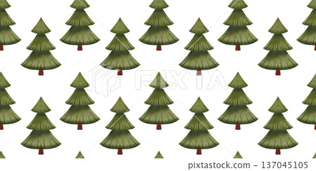 Seamless pattern with hand drawn green trees. Children's watercolor illustration of evergreen fir trees for your design, print, fabric Seamless pattern with hand drawn green trees. Children's watercolor illustration of evergreen fir trees for your design, print, fabric 137045105