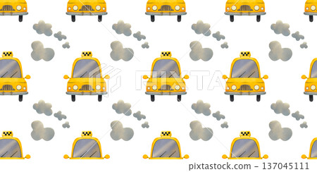 Horizontal seamless pattern with a city taxi and dusty clouds. Bright, hand drawn children's illustration for prints, cards, and fabric. Horizontal seamless pattern with a city taxi and dusty clouds. Bright, hand drawn children's illustration for prints, cards, and fabric. 137045111