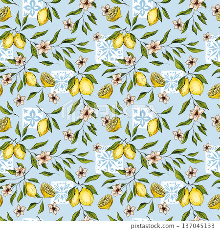 Mediterranean Lemons Green Leaves Seamless Pattern Hand Drawn Illustration with Traditional Azulejo Tiles Motifs for Summer Sunny Coastal Background, Fresh Travel Designs or Wallpapers 137045133
