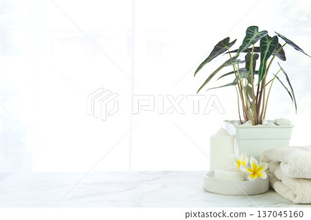 Minimal style soap holder and towel on a luxury stone marble tabletop 137045160