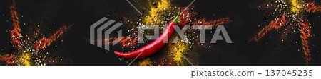 Red Chili Pepper on Black Background with Explosive Scattering of Colorful Spices and Herbs 137045235