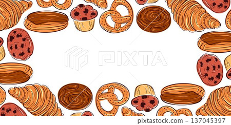 Bakery pastries including croissant, pretzel, cookie and sweet rolls in flat style. Illustration background for menu, gift card and wrapping. Bakery pastries including croissant, pretzel, cookie and sweet rolls in flat style. Illustration background for menu, gift card and wrapping. 137045397
