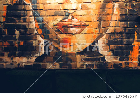 Brick wall with a woman lips painting Brick wall with a woman lips painting 137045557
