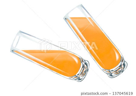 Watercolor set of transparent glasses with apricot juice at different fill levels isolated on white background for packaging mockups, menu design, branding projects, advertising layouts, healthy drink 137045619