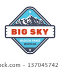 Big Sky ski resort, Montana, Madison Range emblem with snow-covered mountains, vector 137045742
