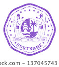 Suriname stamp with state seal or coat of arms, travel stamp, shabby postmark of Suriname, vector 137045743