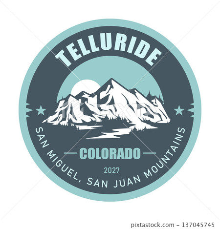 Telluride ski resort, Colorado, San Juan Mountains USA, emblem with snow-covered mountains, vector Telluride ski resort, Colorado, San Juan Mountains USA, emblem with snow-covered mountains, vector 137045745