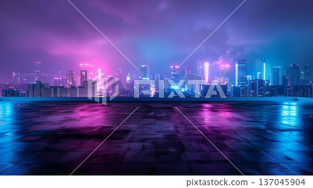 在雨後濕漉漉的屋頂上，賽博龐克風格的摩天大樓燈光在遠處延伸，構成了一幅奇妙的夜景。 137045904