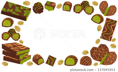 Decorative frame of trendy Dubai chocolate bars and pralines with pistachio knafeh filling. 137045953