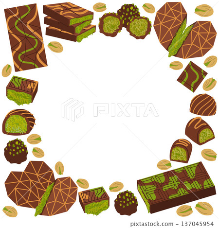 Square border of Dubai chocolate with pistachio and kataifi filling. Square border of Dubai chocolate with pistachio and kataifi filling. 137045954