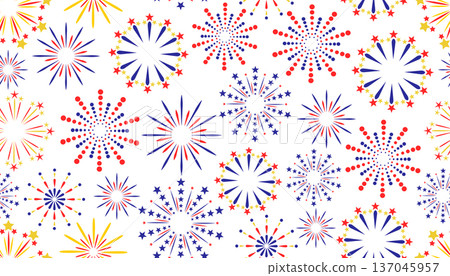Vibrant seamless pattern of red, blue, and yellow fireworks on a white background. 137045957