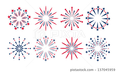 Set of eight red and blue patriotic firework icons set on a white background. Festive star and burst designs. 137045959