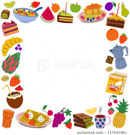 Colorful square frame of flat style breakfast food and snacks. Colorful square frame of flat style breakfast food and snacks. 137045961