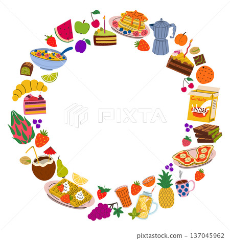 Vibrant circular frame of flat style food items, breakfast, and fruits. Vibrant circular frame of flat style food items, breakfast, and fruits. 137045962