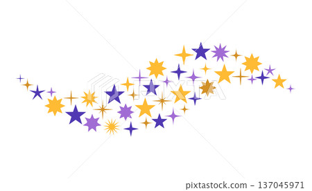 Vibrant magic flowing wave of colorful stars in purple, orange, and gold tones on a white background. Vibrant magic flowing wave of colorful stars in purple, orange, and gold tones on a white background. 137045971