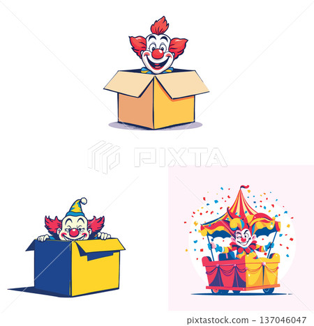 Vsai clowns popping out of boxes and riding carnival wagon Vsai clowns popping out of boxes and riding carnival wagon 137046047