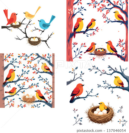Vsai colorful birds sitting on tree branches with nests 137046054