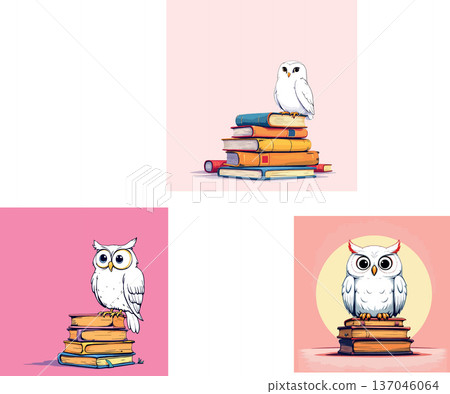 Vsai wise owl perching on stack of knowledge books Vsai wise owl perching on stack of knowledge books 137046064