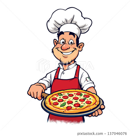 Vsai smiling chef holding a fresh delicious pepperoni pizza 137046076