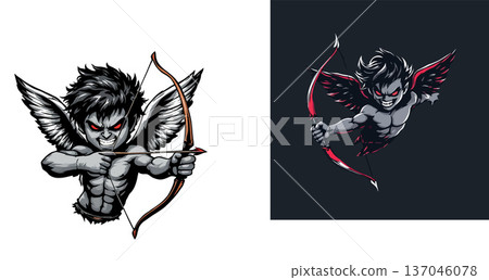 Vsai evil cherub archer aiming bow and arrow with fierce expression 137046078