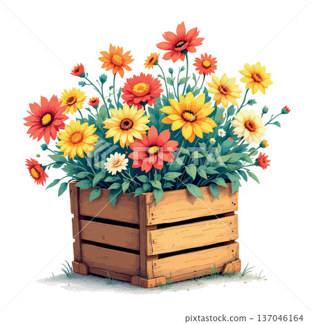 Vsai colorful blooming flowers growing in a wooden crate 137046164