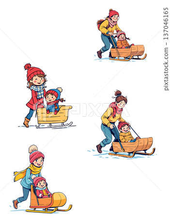Vsai mother and child sledding in winter snow cartoon Vsai mother and child sledding in winter snow cartoon 137046165
