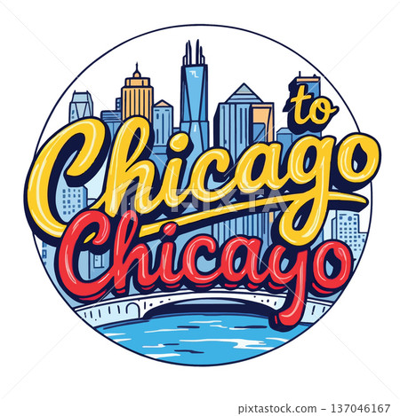 Vsai chicago travel lettering logo with city skyline 137046167