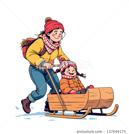 Vsai mother pushing daughter on a sled in winter Vsai mother pushing daughter on a sled in winter 137046175