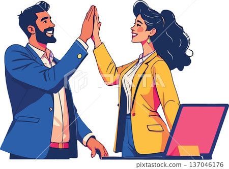 Business colleagues high fiving celebrating success and partnership Business colleagues high fiving celebrating success and partnership 137046176