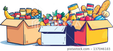 Vsai food boxes filled with groceries for donation 137046183
