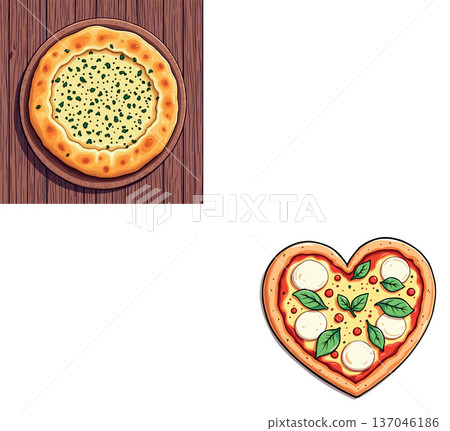 Vsai two delicious pizzas, one heart shaped, on a wooden table Vsai two delicious pizzas, one heart shaped, on a wooden table 137046186