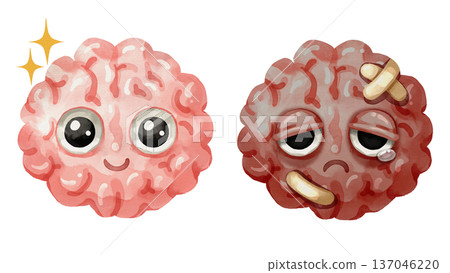 Watercolor cartoon comparison of a healthy brain and damaged brain. Representing conditions like alzheimer's disease, stroke, or mental decline. Transparent background illustration. Watercolor cartoon comparison of a healthy brain and damaged brain. Representing conditions like alzheimer's disease, stroke, or mental decline. Transparent background illustration. 137046220