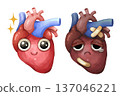 Watercolor cartoon comparison of a healthy heart and a diseased heart. Representing conditions like heart disease, cardiac arrest, or emotional heartbreak. Transparent background illustration. 137046221