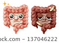 Watercolor cartoon comparison of a healthy intestine and unhealthy intestine. Representing conditions like colon cancer, irritable bowel syndrome, gut microbiome balance. Transparent background. 137046222