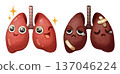 Watercolor cartoon comparison of a healthy lung and damaged lungs. Representing conditions like smoking, asthma, COPD or lung cancer. Transparent background illustration. 137046224