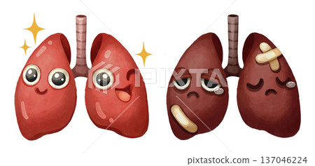 Watercolor cartoon comparison of a healthy lung and damaged lungs. Representing conditions like smoking, asthma, COPD or lung cancer. Transparent background illustration. 137046224