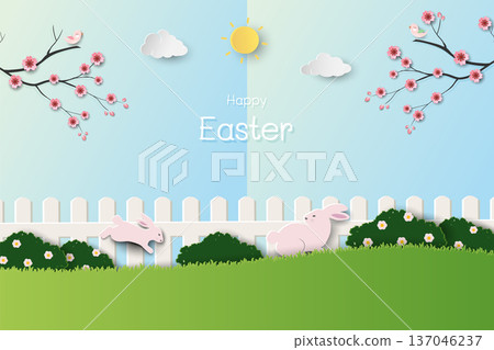 Easter greeting card,Spring garden with cute rabbits on paper art style Easter greeting card,Spring garden with cute rabbits on paper art style 137046237