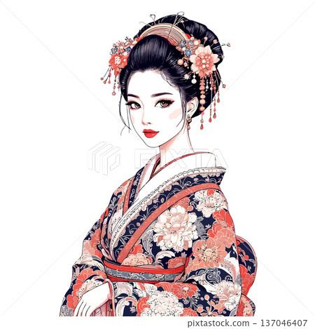 Vsai japanese woman wearing traditional kimono and kanzashi hair ornament Vsai japanese woman wearing traditional kimono and kanzashi hair ornament 137046407