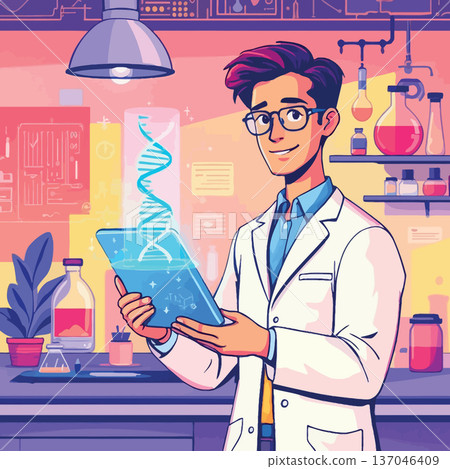 Vsai scientist holding tablet displaying dna helix in research lab Vsai scientist holding tablet displaying dna helix in research lab 137046409