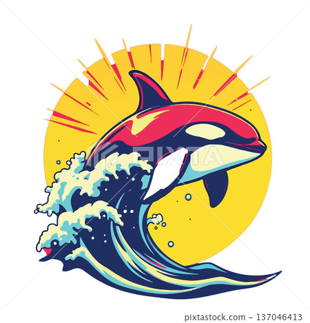Killer whale jumping wave with pop art sunrise 137046413