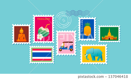 Thailand postage stamps collection. Famous attractions, landmarks and touristic symbols colorful Thailand postage stamps collection. Famous attractions, landmarks and touristic symbols colorful 137046418